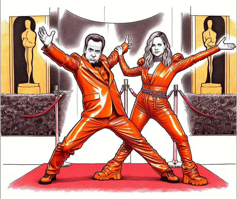 Illustration for: ‘Hacks’ Stars Meg Stalter and Paul W. Downs Spoof ‘Marty Supreme’ Premiere Outfits on Critics Choice Awards Red Carpet